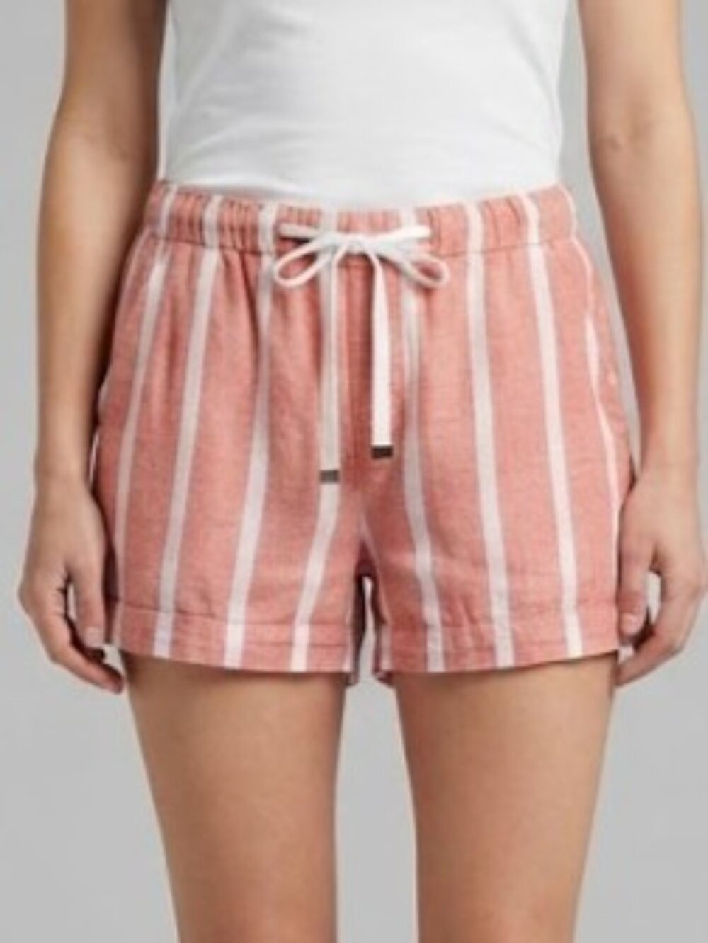 Coral and White Linen Blend Striped High-Waist Drawstring Shorts